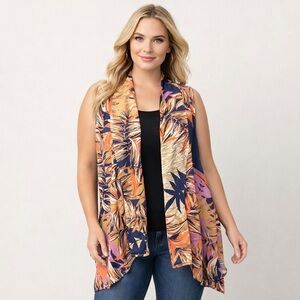 Iman Tropical Print Waterfall Vest Open Front Sleeveless Stretch Size Large